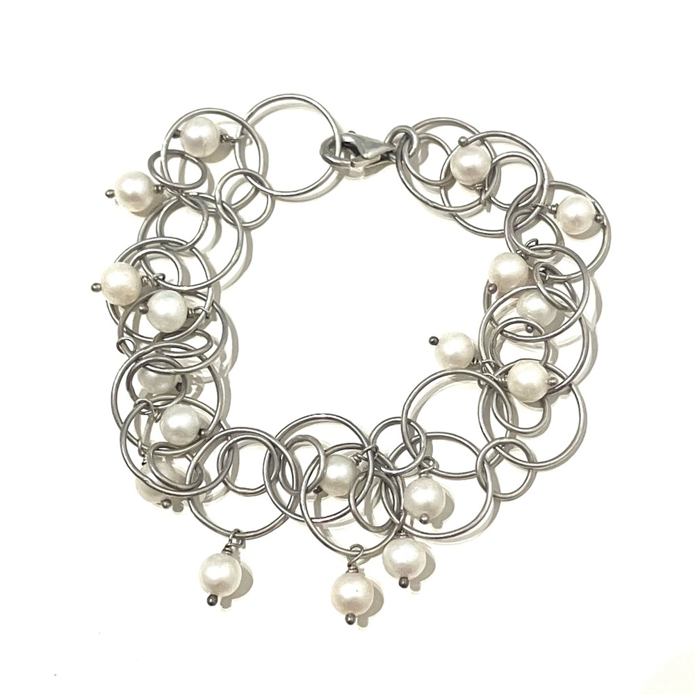 Pearl and Sterling Silver 925 Vintage Chain Loop Bracelet